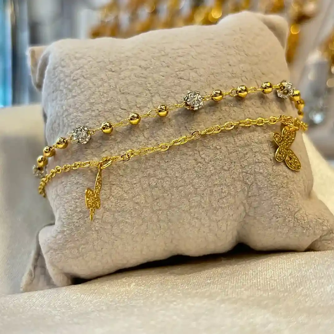 خلخال ذهب برازيلي مزدوج بتصميم طابات ديسكو زيركون