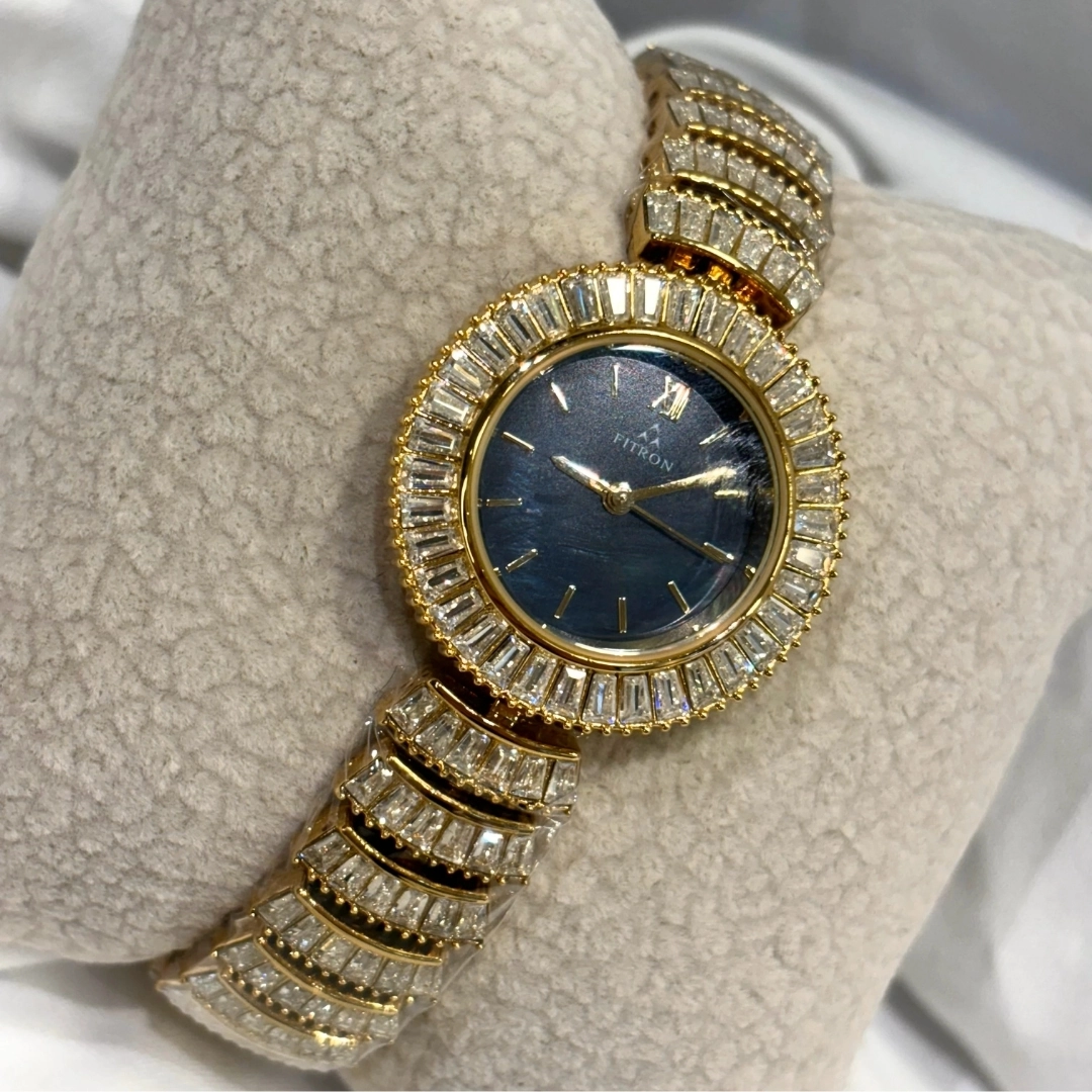 ساعة فيترون ذهبية مقاومة للماء مع حجر باكيت زيركون – القالب أسود