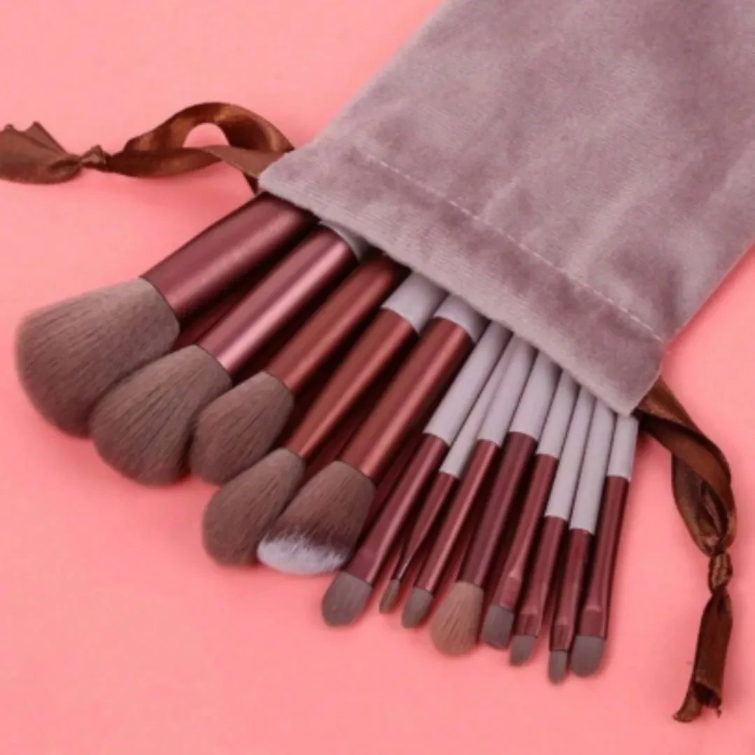 مجموعة فرش مكياج احترافية مع حقيبة مخملية - 13 قطعة