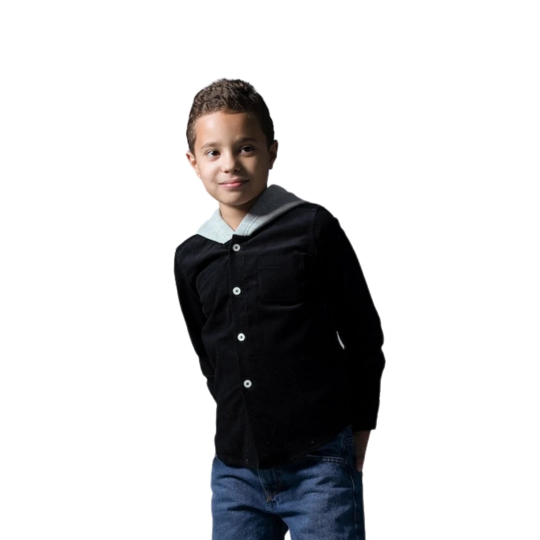 جاكيت ولادي مضلع ومخمل بأزرار وغطاء رأس من الفرو