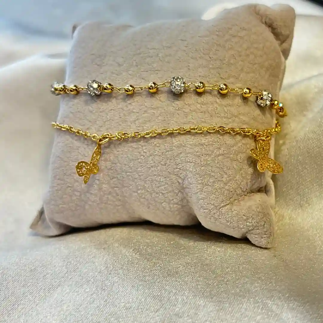 خلخال ذهب برازيلي مزدوج بتصميم طابات ديسكو زيركون