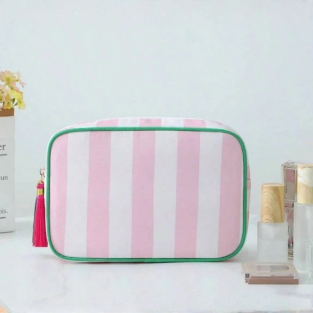 حقيبة مكياج مخططة مع مقبض علوي