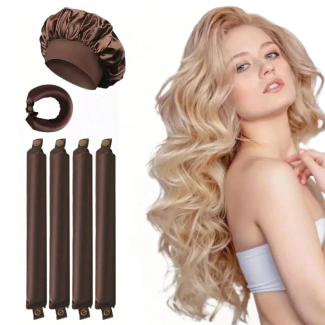 مجموعة لفافات الشعر بدون حرارة مع طاقية حماية - 5 قطع