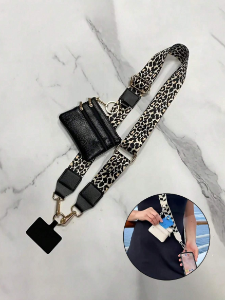 حزام هاتف محمول عريض بنقشة التايجر مزود بمحفظة صغيرة سحاب وحلقة معدنية متينة وقابل للتعديل لارتدائه بوضعية الكروس أو الرقبة 