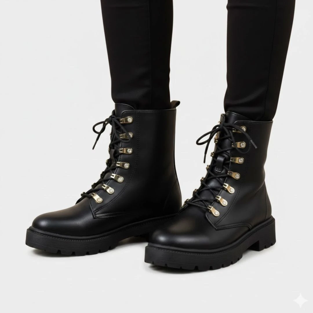 حذاء نسائي شتوي جلدي بأربطة أمامية 