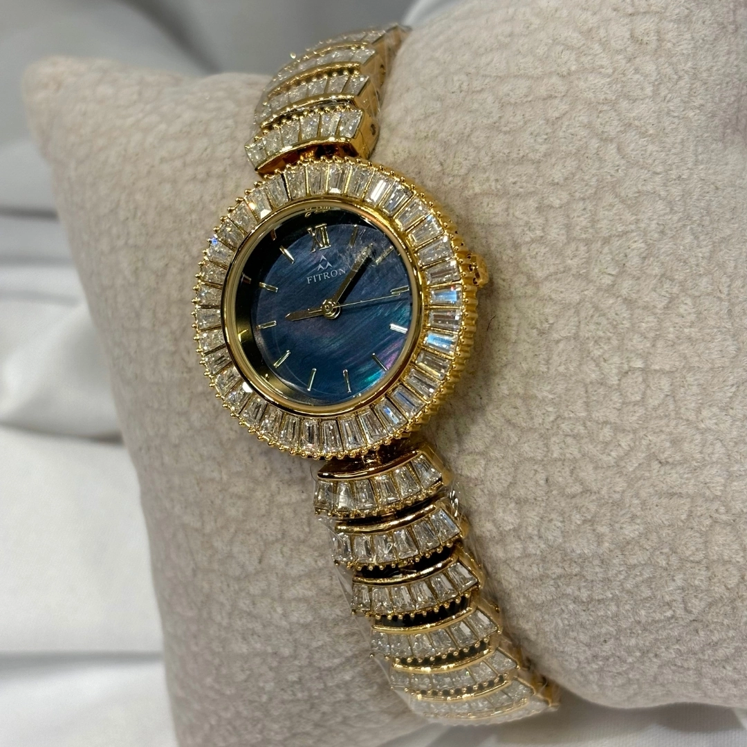 ساعة فيترون ذهبية مقاومة للماء مع حجر باكيت زيركون – القالب أسود