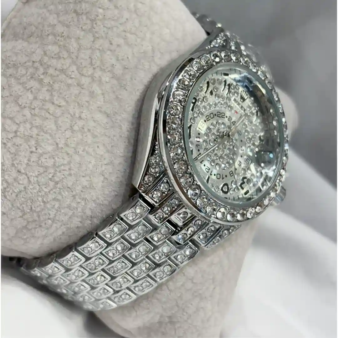 ساعة روليكس فضية مرصعة بالزيركون - قلب الساعة زيركون 