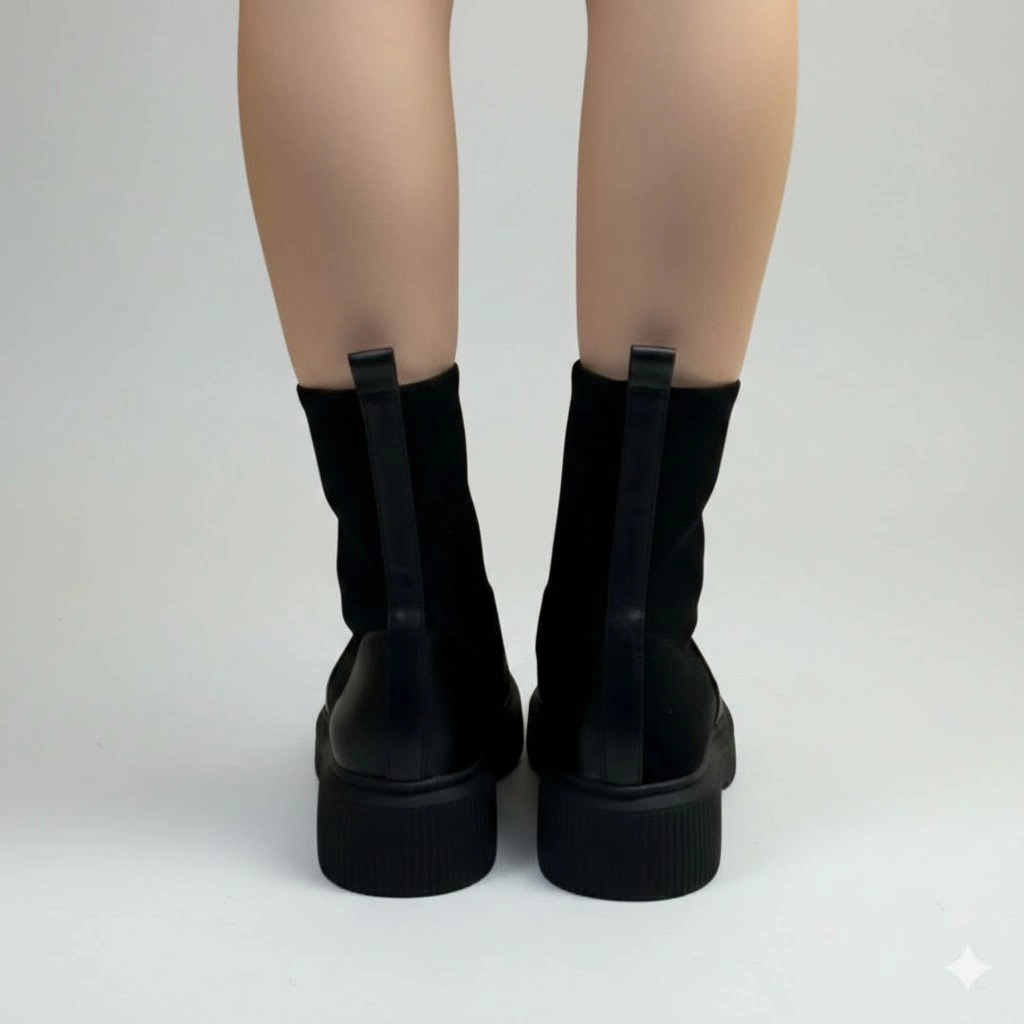 حذاء نسائي شتوي جلد بلون أسود مطفي 