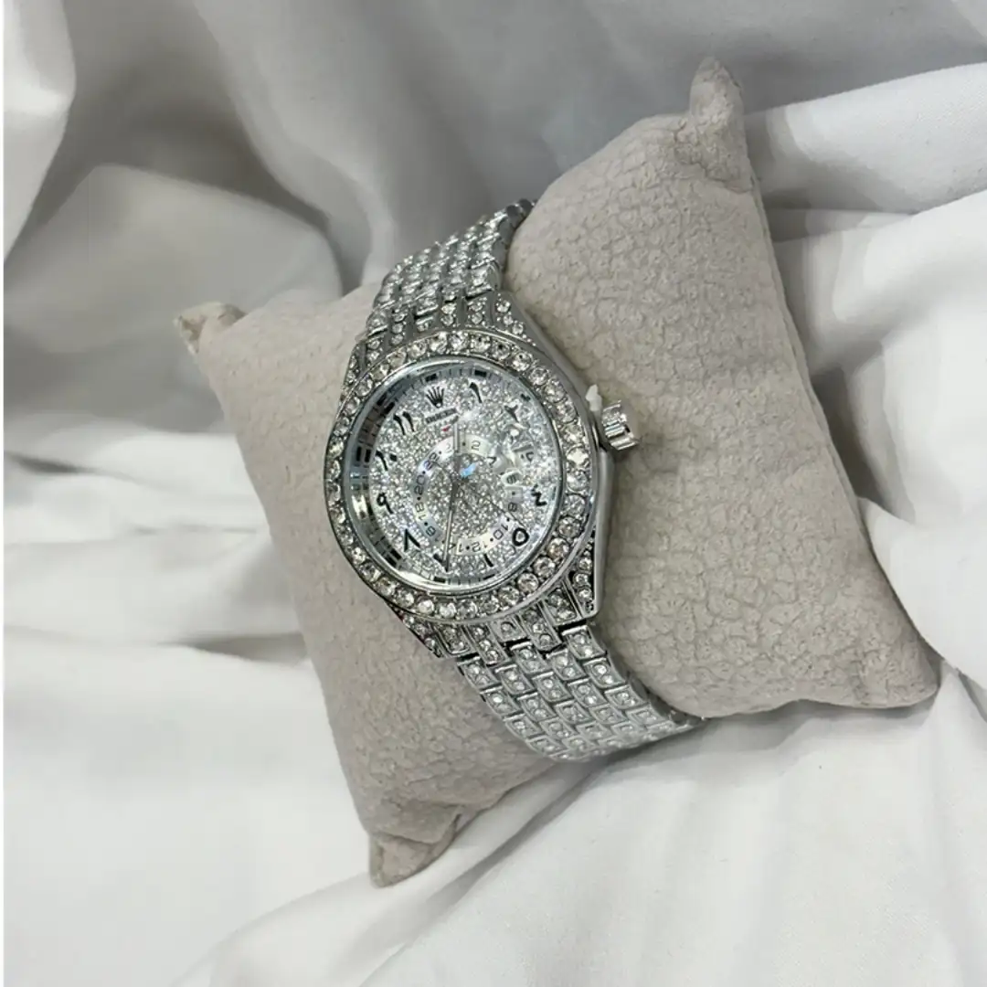 ساعة روليكس فضية مرصعة بالزيركون - قلب الساعة زيركون 