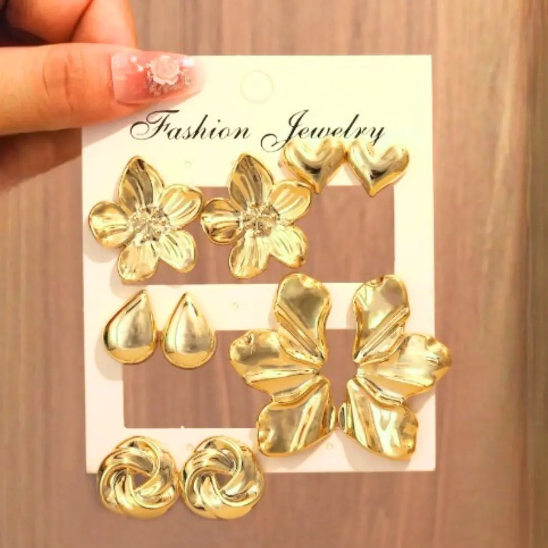 طقم أقراط للأذن بتصميم زهور وقلوب - 5 أزواج