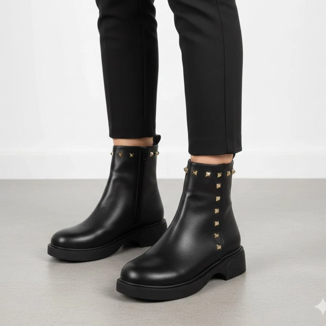 حذاء نسائي شتوي جلدي مزين  بمسامير ذهبية