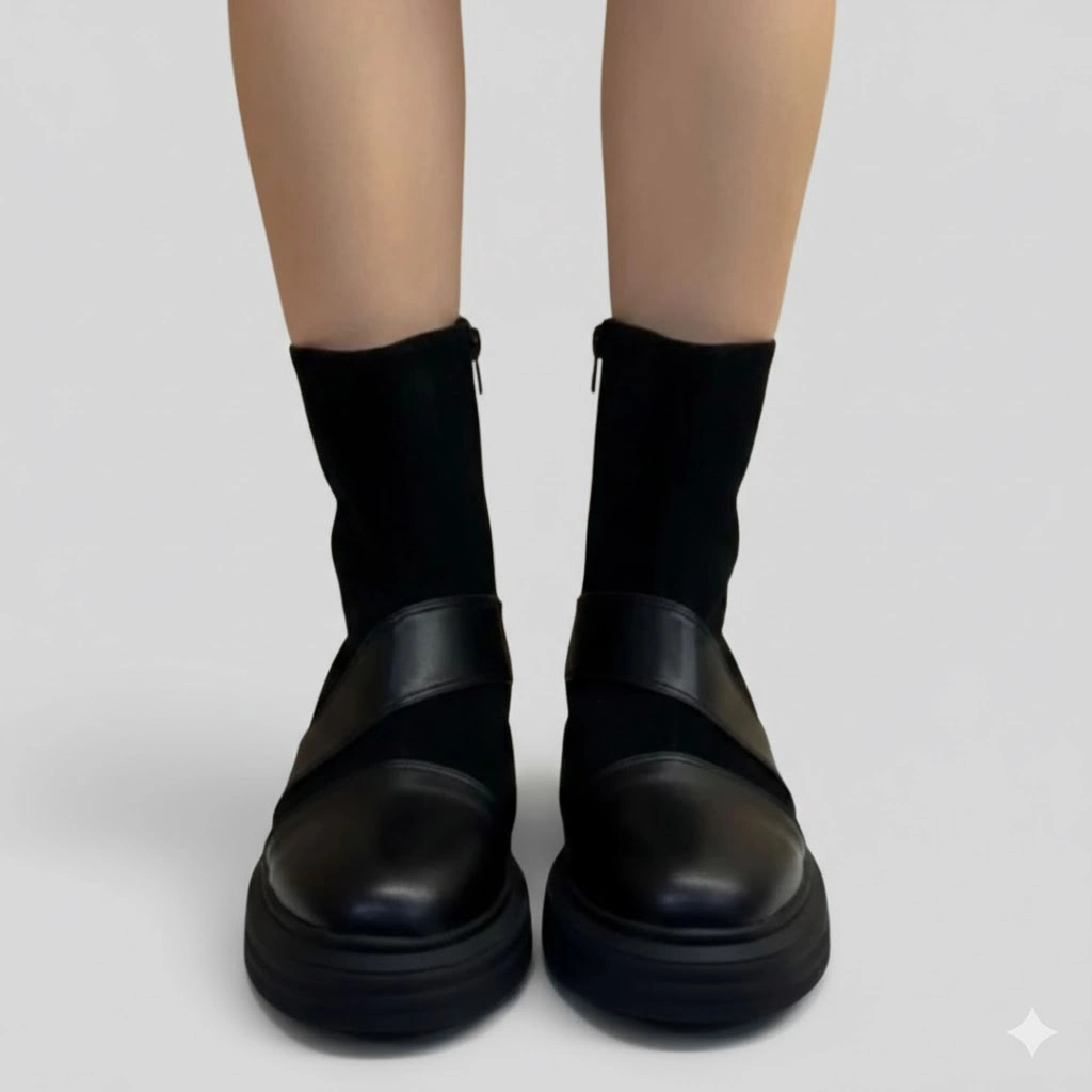 حذاء نسائي شتوي جلد بلون أسود مطفي 