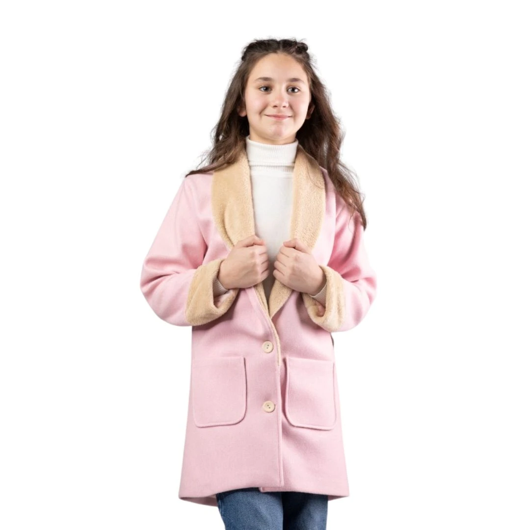 جاكيت بناتي قصير من التويد مع فرو