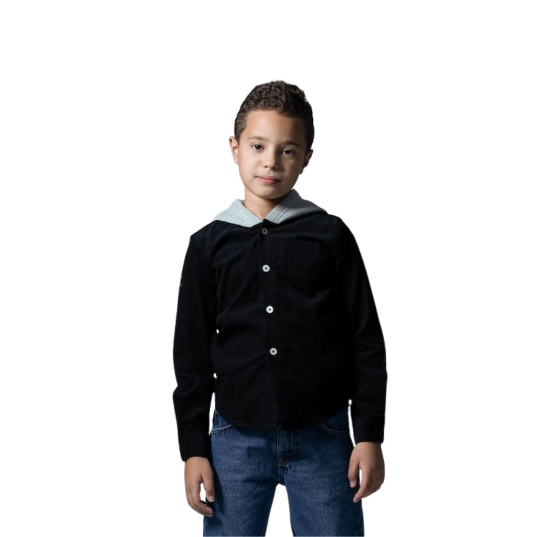 جاكيت ولادي مضلع ومخمل بأزرار وغطاء رأس من الفرو