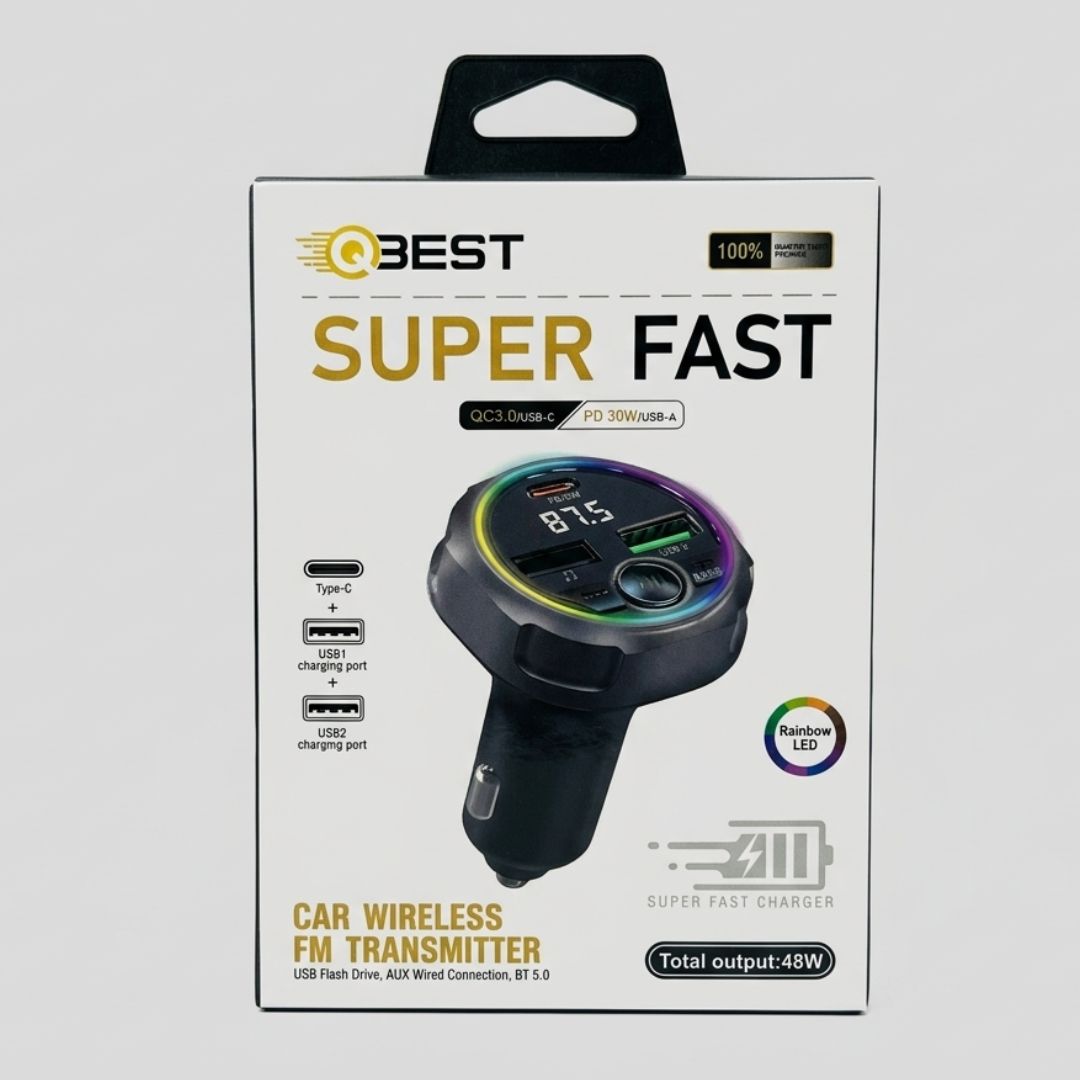 جهاز QBEST شاحن سيارة بقوة 48 واط مع ناقل FM يدعم تشغيل الموسيقى عبر الفلاش ميموري